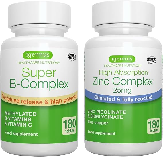 Super B-Complex + Zinc Complex Vegan Bundle, Methylated Sustained Release B Complex + 25mg Chelated Zinc Picolinate & Bisglycinate with Copper, by Igennus