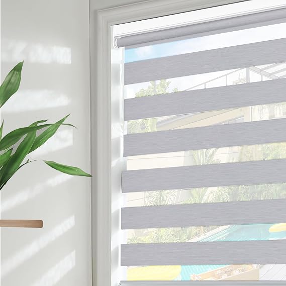 No Drill Custom Zebra Blinds for Windows No Tools Cordless Blackout Zebra Roller Shades Dual Layers Sheer Roller Blinds Day & Night Window Shades (Gray, Custom Size)