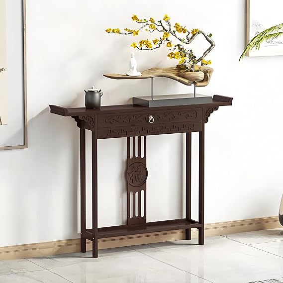 Chinese Style Rattan Console Table with Drawers, Narrow Vintage Sofa Table Entryway Table with Storage Shelf for Front Hall, Hallway, Living Room