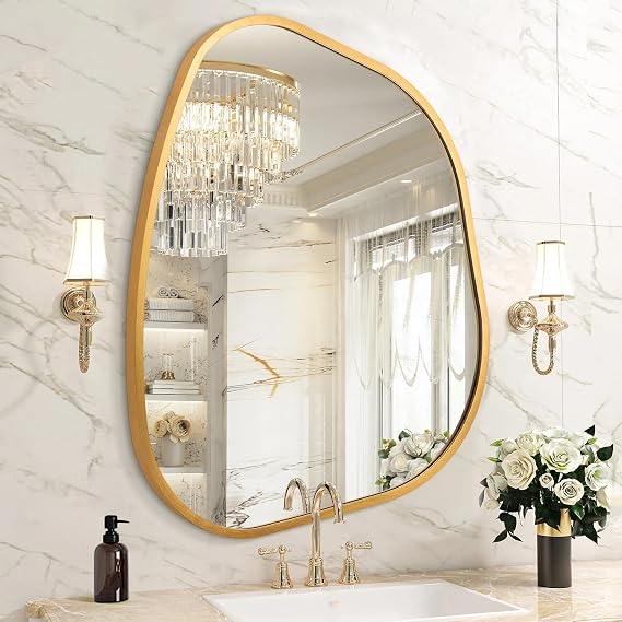 Irregular Wall Mirror Asymmetrical Mirrors, 45x65 CM Gold Metal Framed Mirror for Bathroom Bedroom Living Room Entryway, Decorative Modern Wall Decor