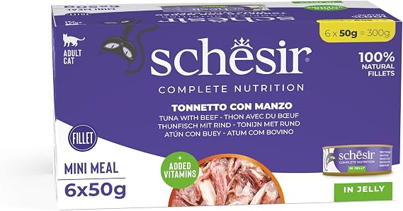 Schesir Tam ve Dengeli Ton Balığı ile Dana Etli Jöle İçinde Kedi Konservesi Multipack 6x50g