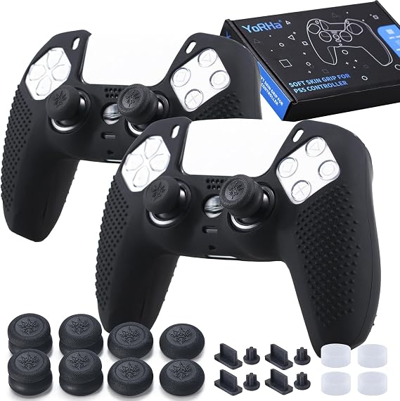 YoRHa Silicone Skins Cover for PS5 Controller x 2 (BLack) with Thumb Grips x 8, Plugs x 8, Anolog Protectors x 4