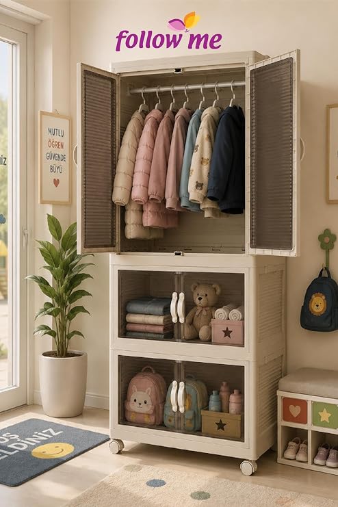 Modüler Çok Amaçlı 3 Katlı Tekerlekli Gardırop 220 Lt Krem