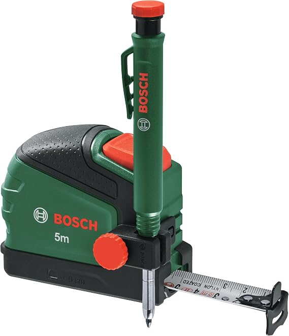 Bosch Mezura 5 m + Derin Delik İşaretleyici Kurşun Kalem (Kurşun Kalem Klipsi; Otomatik Kilit; Naylon Kaplamalı Bant; 22 mm Bant Genişliği; 2 m Stabilite; İki Yönlü Kanca; Metal Kemer Klipsi; Yumuşak