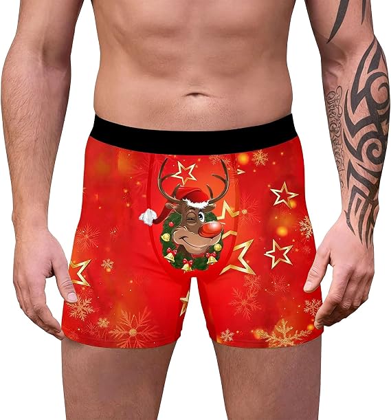 Novelty Boxers, Boxers for Men Loose Fit, Boxers Reindeer Snowflake Santa Claus Printed 3d Novelty Xmas Underpants Breathable Comfortable Soft Underwear Loose Festive Costumes Plus Size Retro