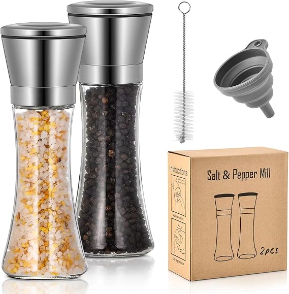 2Pcs Salt and Pepper Grinder Set,Salt and Pepper Grinders,Refillable and Adjustable,Stainless Steel Cover and Glass Bottle Salt Pepper Shakers for Kitchen