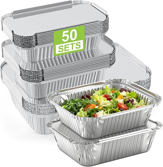 50 Pack Aluminium Foil Trays with Lids, 3 Sizes 1750ml/700ml/410ml