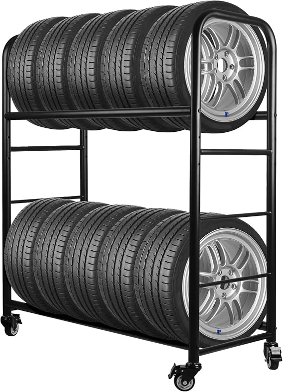 Tire Rack,Rolling Tire Rack,56 X 44 X 20 Inches Tire Storage Rack Adjustable Metal Tire Rack w/2 Storage Shelf & 4 Swivel Casters Mobile Tire Storage Shelf Cart for Repair Shop Garage Storage