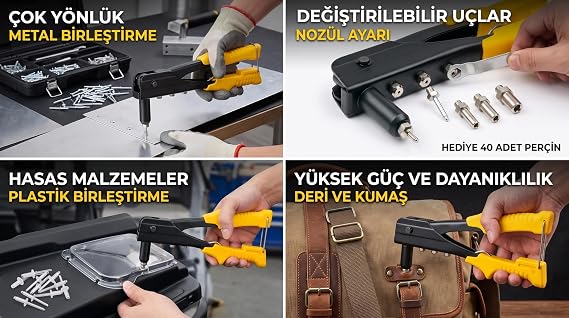 Profesyonel Perçin Tabancası Seti - 40 Parça Alüminyum Perçin Hediyeli, 4 Farklı Uçlu El Perçin Pensesi & Anahtarı (Metal, Deri, Plastik Birleştirme Seti)
