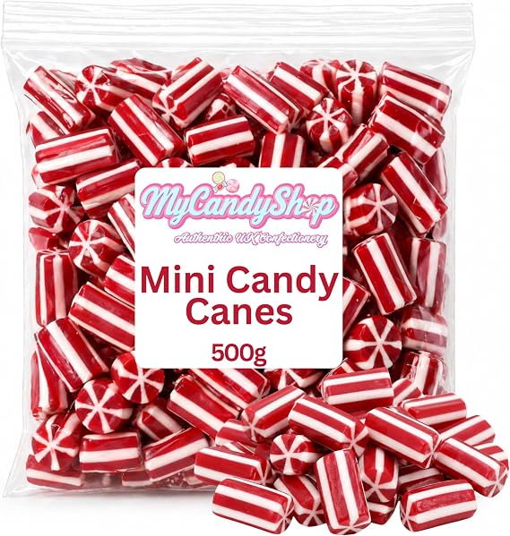 MyCandyShop Strawberry Mini Candy Canes - 500g Christmas Sweets Strawberry Candy Canes - Soft & Chewy Fruit-Flavoured candycanes Similar taste to strawberry laces - Christmas stocking filler sweets