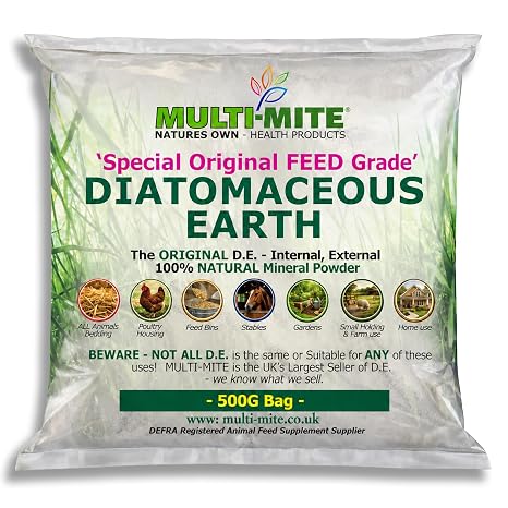 Multi-Mite 500G Bag Feed Grade Diatomaceous Earth DE Powder for Dogs Cats Poultry Animal Bedding &amp; Housing Pet Areas, Stables, Gardens. 100% Natural Highly Absorbent &amp; Desiccating DEFRA Registered