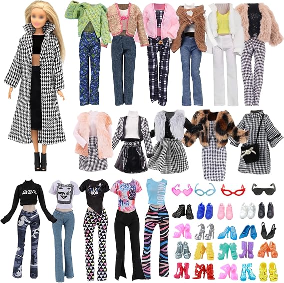 30 Doll Clothes 1 Thousand Bird Check Coat 2 Winter Coats 4 Tops 1 Pullover 2 Skirts 3 Pants 1 Hat 2 Glasses 14 Shoes for 11.5 Inch Doll Girls Gift, in Random