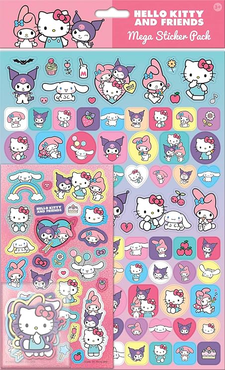 Hello Kitty and Friends Mega Sticker Pack | Three Types of Stickers (110+ Stickers) | Unisex, Age 3+ | Birthday Gifts, Stocking Filler, Art & Craft, Scrapbooking | Reusable on Non-Porous Surfaces