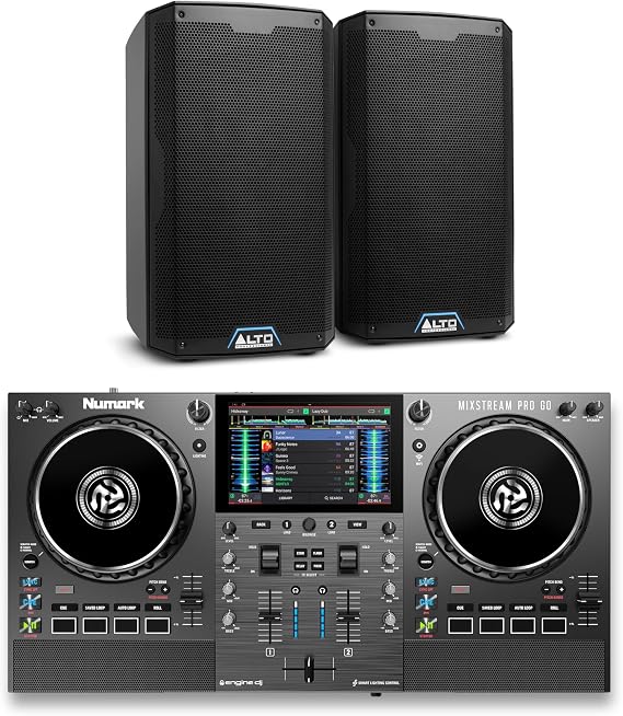 Numark Mixstream Pro Go DJ Controller and ALTO TS408 Powered PA Speakers Pair for Live Music, DJ sets, Events, Music production