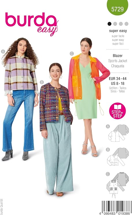 Burda Easy Sewing Pattern #5729 Women's Bouclé Blazer, Flannel Jacket in Basic Style and PVC Jacket, Sizes 6-18