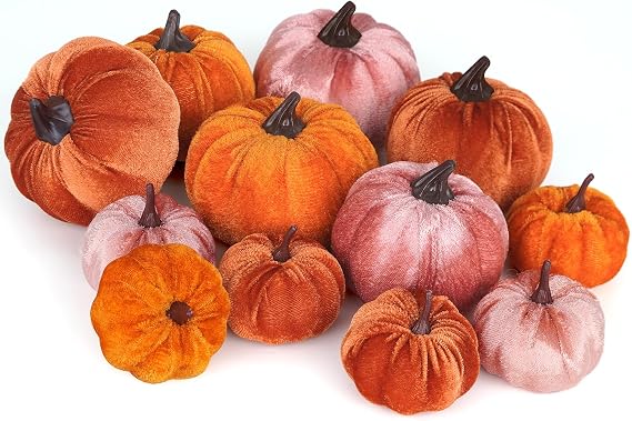 Ywlake 12 Pcs Artificial Pumpkins Assorted Sizes Fake Fabric Harvest Pumpkin Set Orange Brown Pink Foam Pumpkin for Fall Autumn Thanksgiving Halloween Decoration