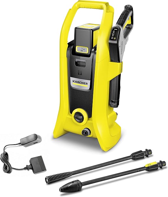 Kärcher K2 akülü yüksek basınçlı temizleyici pil seti (basınç: 110 bar, pompalama miktarı 340 l/sa, akü 36 V / 5,0 Ah, 2 püskürtme borusu, su bağlantısı, 4 m hortum, rahat saklanabilir, hızlı bağlantı)