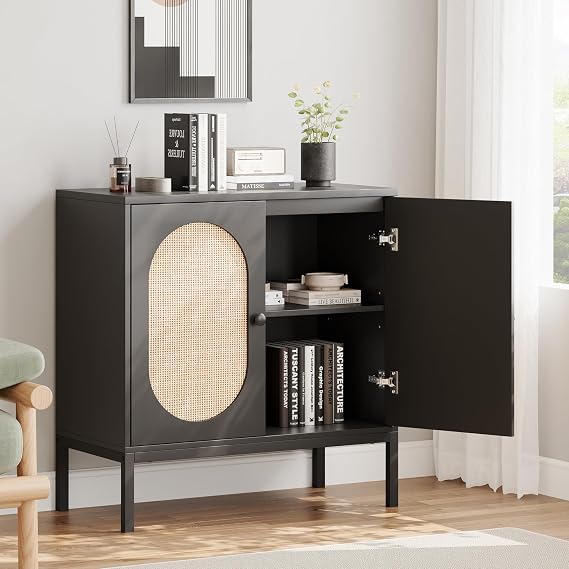 Buffet Sideboard Cabinet with Rattan Doors and Shelves,black