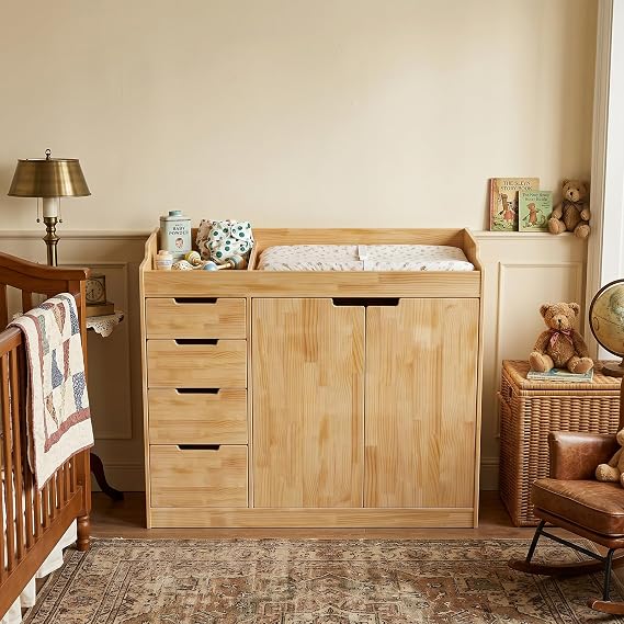 120cm Solid Pine Baby Changing Table with 4 Drawers & Cabinet