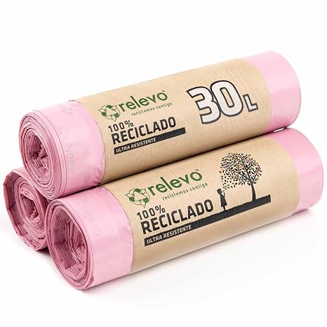 Relevo Pink Self-Seal Trash Bags - 30L (Width 55cm x Height 60cm), 45 Bags (3 Rolls × 15 Bags) | Scented and Extra Strong | 100% Recycled LDPE | Blue Angel Certified