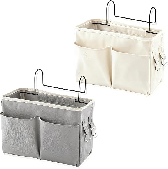 Bedside Storage Caddy, 2 Pcs Bedside Hanging Storage Organiser Bag with Hooks and Canvas Pockets Large Capacity Multifunctional Bed Clutter Sorting Bag for Dormitory Bedroom School Bunk Bed
