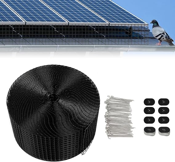 JINPRDAMZ Solar Proofing Bird Mesh, Solar Panel Bird Guard, Black PVC Coated Wire Mesh, 70 Fixing Clip Kit Bird proofing for Protection of Solar Panels, 15 x 305 cm