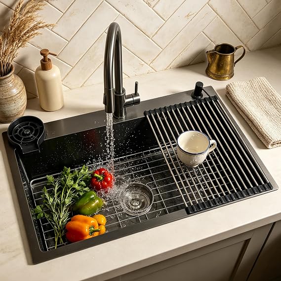 80x50cm Stainless Steel Kitchen Sink 1 Bowl Grey Black, with Nano Stainless Steel Grid, Kitchen Sink with 3 Holes, Countertop Dish Drainer Stand with Tap, with Countertop Soap Dispenser