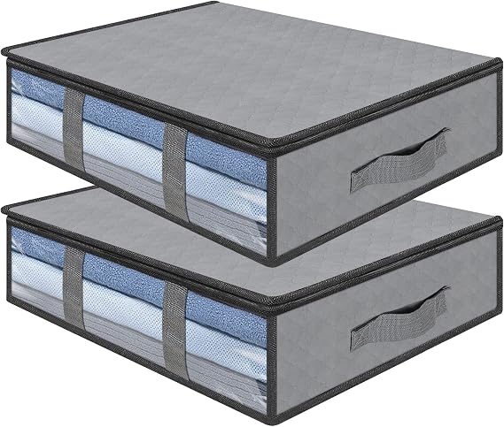 AiQInu Clothes Storage Boxes, 2 Set Foldable Under Bed Bags with Transparent Window, Bed Organizer Wardrobe for Clothes Blankets Quilts 60 x 45 x 15 cm