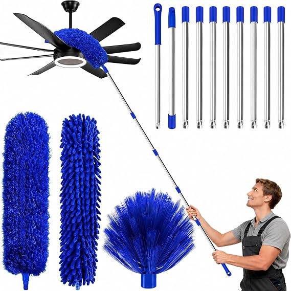 Extra Long Duster for 6M High Ceilings, 4.9M Feather Duster Extendable with Microfiber Duster, Chenille Head & Cobweb Brush (Blue)