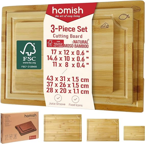 Bamboo Chopping Board and Serving Set for Kitchen, Wood Cutting & Charcuterie Board | Made with Moso Bamboo - 3pc Set