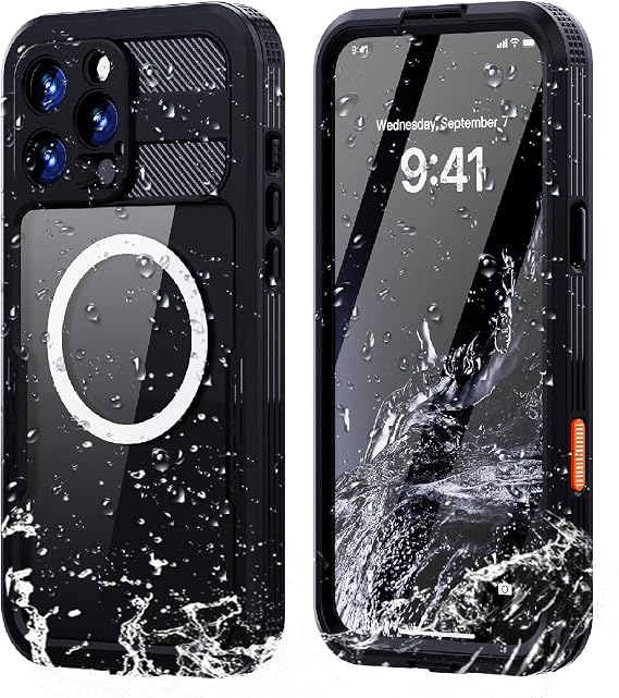 Guppy iPhone 16 Pro用磁気防水ケース、内蔵スクリーンプロテクターIP68防水14フィート軍用落下防止 360°フルボディ保護 防塵 耐衝撃 高耐久 頑丈なケース、ブラック