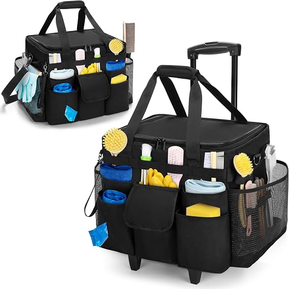 LoDrid Rolling Cleaning Caddy with Lid and Detachable Trolley, Black