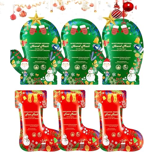 6 Pairs of Christmas Moisturising Hand Masks and Foot Masks 3 Pieces Hand Mask for Very Dry and 3 Pieces Exfoliating Foot Mask Repairs Rough Heels Cracked Skin Foot Mask Socks for Men and Women