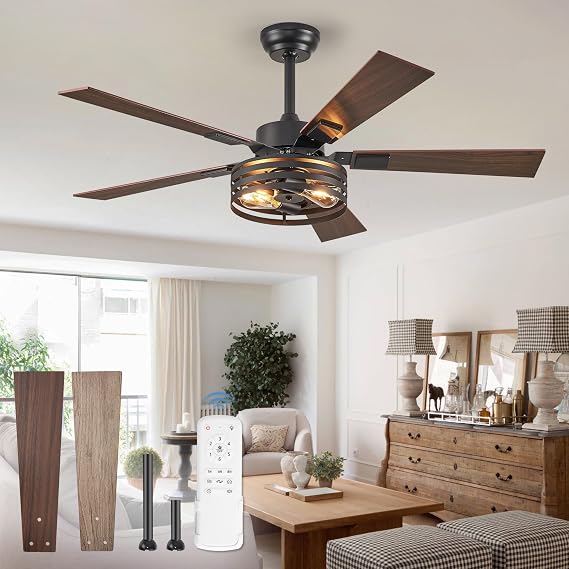 Fanbulous Farmhouse Caged Ceiling Fans with Lights and Remote, 48" Black