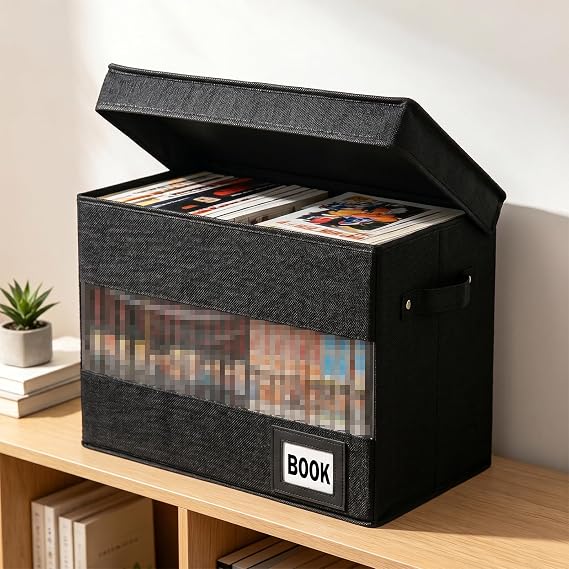 Comic Book Storage Box,15.74"x7.87"x11.8" Foldable Comic Book Bin with Clear PVC Window and Label Slot,Holds 150-180 Comics,Portable Magazine Organizer Display Container for Wardrobe Closet Shelf