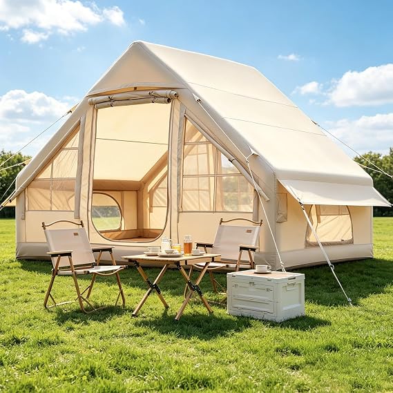 Inflatable Camping Tent with Pump, 420D Oxford Glamping Inflatable Sport Tent for Camping, 4 Season Windproof Outdoor Blow Up Cabin Tent with Mesh Windows & Doors for Camping
