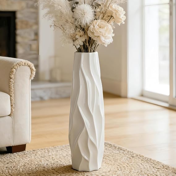 White Tall Floor Vase, 28" Ceramic Large Vase for,Glossy Glaze，Large Decorative for Living Room, Dining， Office，Modern Home Decor