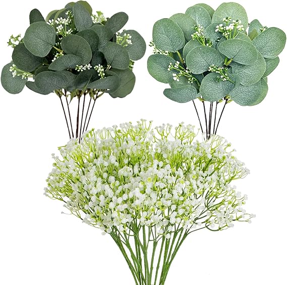 Artificial Eucalyptus Stems, 24 Pcs Gypsophila Artificial Flowers Greenery Foliage Faux Eucalyptus Plant Stems Leaves for Wedding