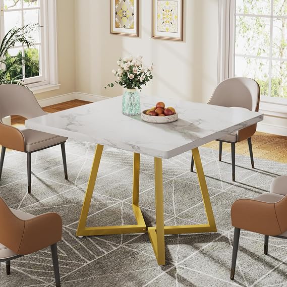 Tribesigns Dining Table for 4, industrial style, sturdy metal frame, 80 x 80 x 75 cm kitchen table for dining room, living room, apartment (White & Gold)