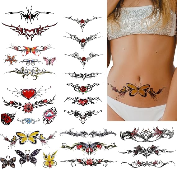8 Sheets Bell Temporary Tattoos for Women Sexy Temporary Tattoos Stickers Large Size Waterproof Butterfly Tattoos Temporary Waist Cover Scar Realistic Temporary Tattoos for Women Girls