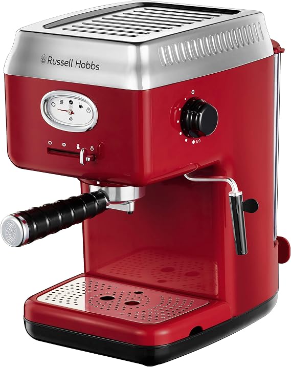Russell Hobbs 28250-56 Espresso Kahve Makinesi, Retro Kırmızı Süzgeç, 15 Bar, 2 Fincan Başlığı, 1.1 L Çıkarılabilir Su Tankı, Buharlı Süt Köpüğü, Porsiyon Kaşığı, Kırmızı