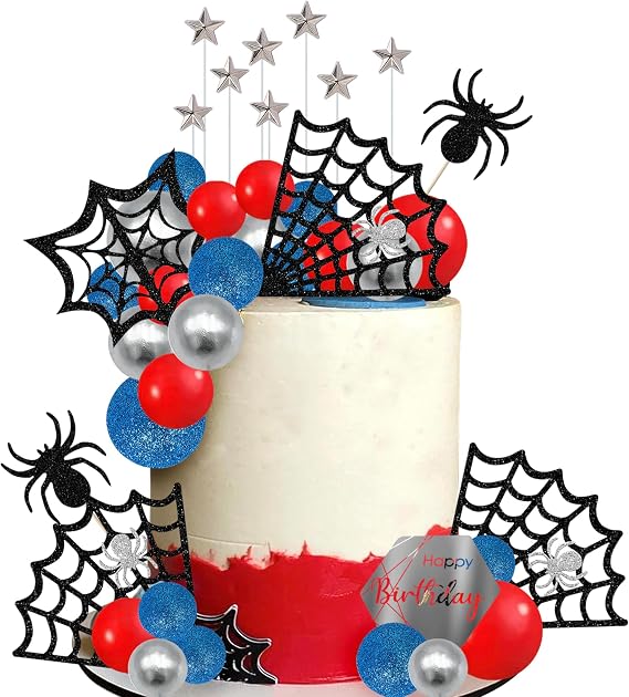Xsstarmi Spider Theme Cake Topper Decoration Spider Web Star Balls Cake Pick for Baby Shower Boys Kids Birthday Party Cake Decorations Supplies