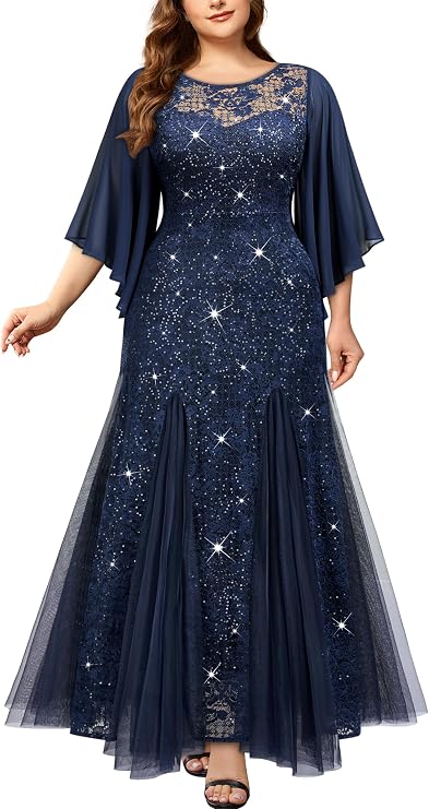 MISSMAY Women's Plus Size Elegant Butterfly Sleeve Chiffon Floral Sequin Lace Contrast Mesh Mermaid Hem Evening Party Long Dress