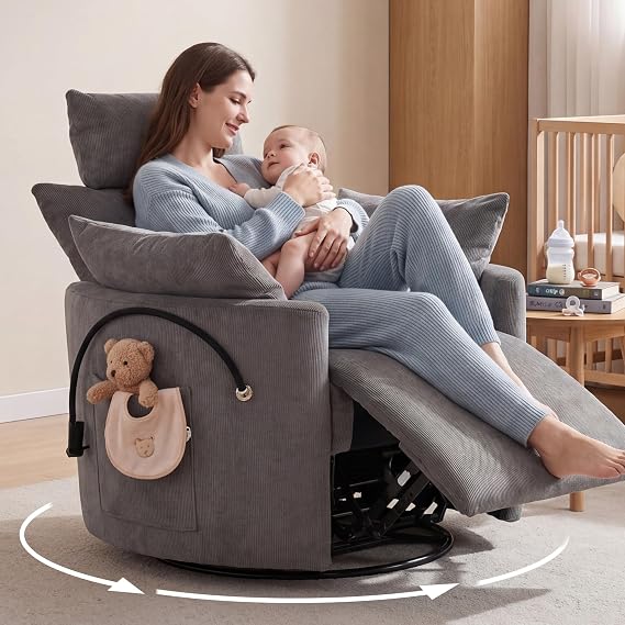 DEKKETO Manual Nursing Rocking Recliner Chair with Footrest, Chenille Grey