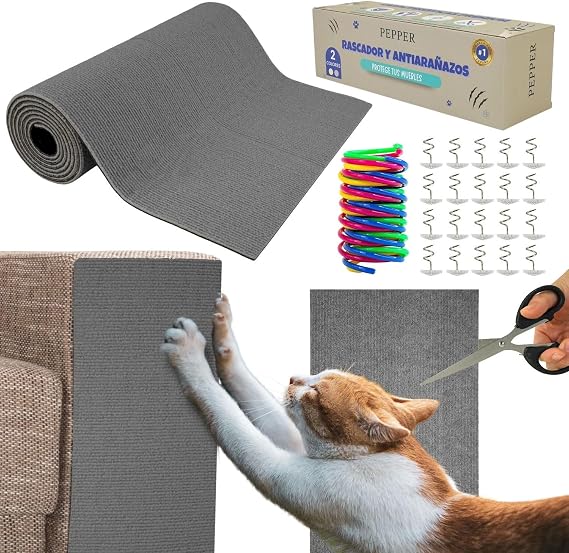 PEPPER® Sofa Protector Cats Scratching – Self-adhesive Scratching Mat 40 x 200 cm with 20 Pins, Toy and Scissors, Prevents Scratches on Furniture and Carpets
