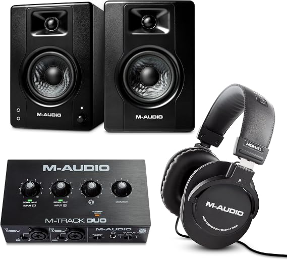 M-Audio Bundle - USB Audio Interface, 4.5" Studio Monitor Speakers and Over Ear Headphones for Recording, Gaming, Streaming, Podcasting