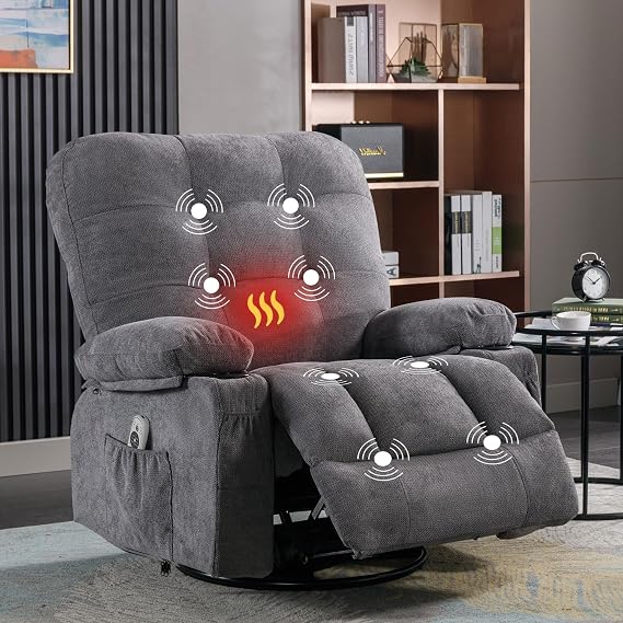 Bosmiller Recliner Chair with Reclining Function Electric TV Chair Oversize 360° Rotating Recliner Chair with Heat Function Heating Adjustable Chair Fabric TV Chair for Living Room Grey