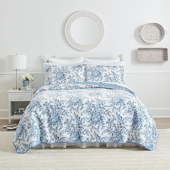 Laura Ashley Home Reversible Cotton Bedding with Matching Shams, Lightweight Home Decor for All Seasons, Bedford Delft Blue, Queen
