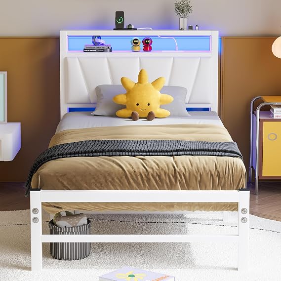 White Single Bed Frames with Storage Upholstered Headboard Shelf,Heavy Duty Metal Single Bed with LED Lights and Charging Station,Strong Metal Slats Support,Noise Free,Easy Assembly