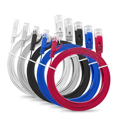 MutecPower SLIM FLAT 2m Cat6 RJ45 Ethernet Network Patch Lan cable - Multi Coloured 5 Pack - 2 meter + 15 Cable ties